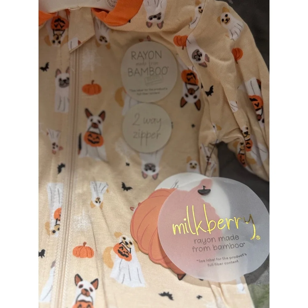Milkberry Bamboo Halloween Ghost Dog Footie Sleeper 2-Way Zip Orange 6-9M NWT